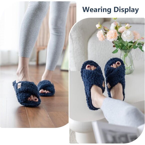 ⚡Women’s Navy Blue Faux Fur Cozy Fuzzy Cross Band Slippers House Shoes - Picture 2 of 6